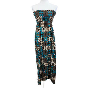 Womens Brown Blue Flowered Smocked Sleeveless Maxi Dress Y2K Small